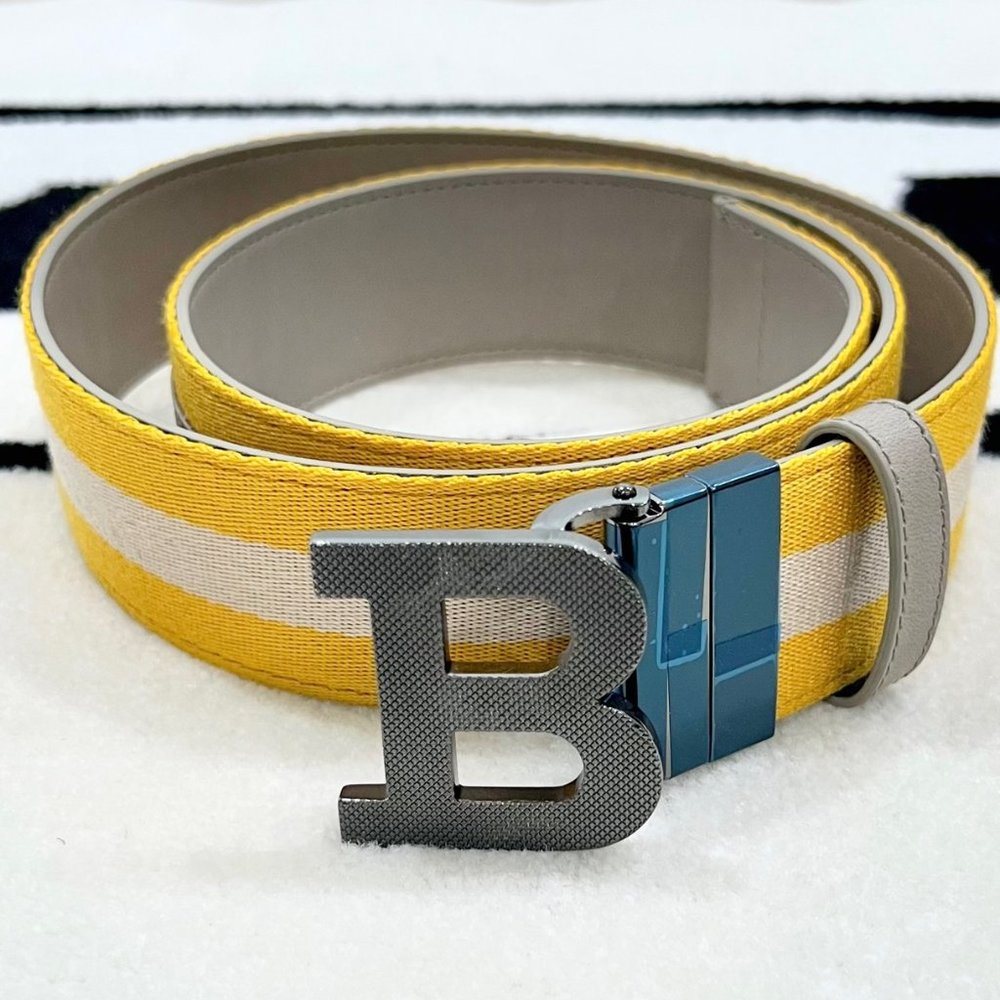 Reversible Bally Metal B Buckle Yellow White Belt